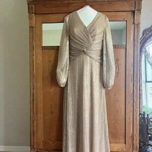 Oleg Cassini Shimmery Champagne Maxi Dress with Twist Front